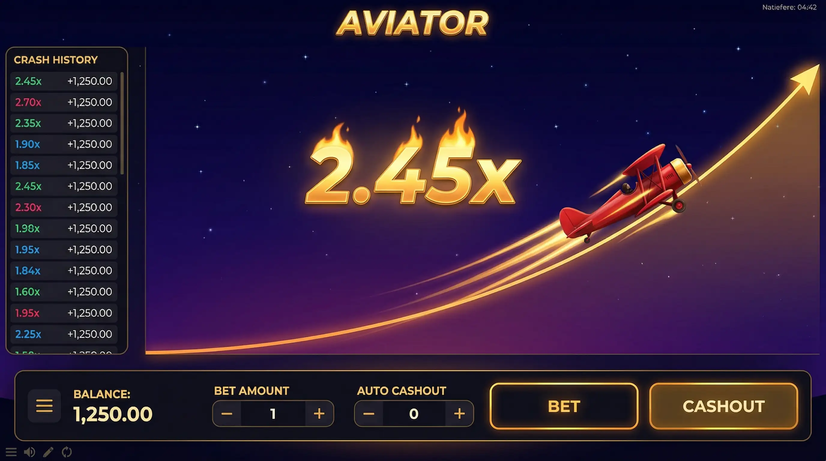 Juego Aviator con avión y multiplicador creciente