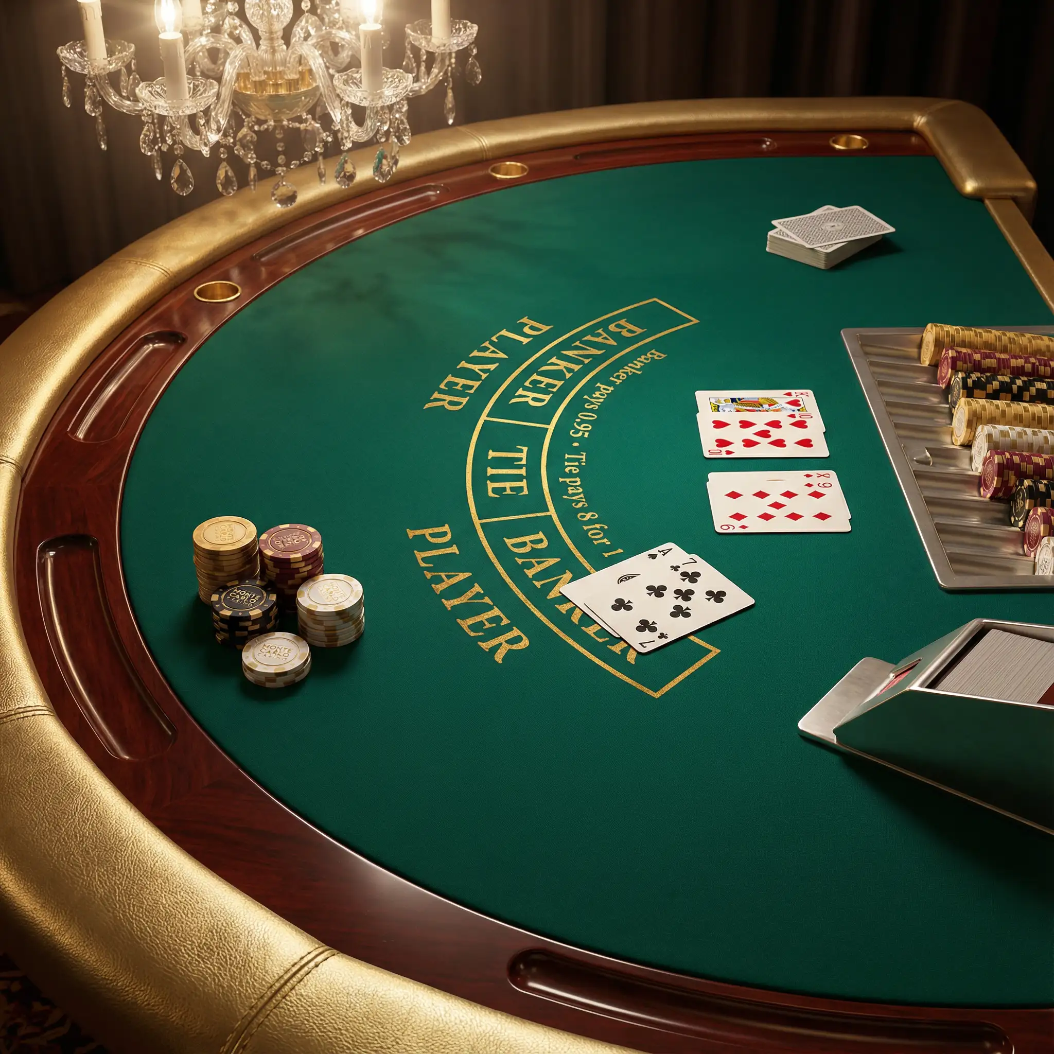 Mesa de bacará con cartas y fichas doradas